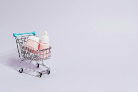 Various beauty and skincare products arranged for online shopping