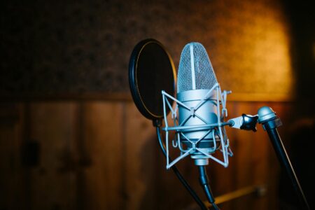Professional recording studio with microphone and equipment