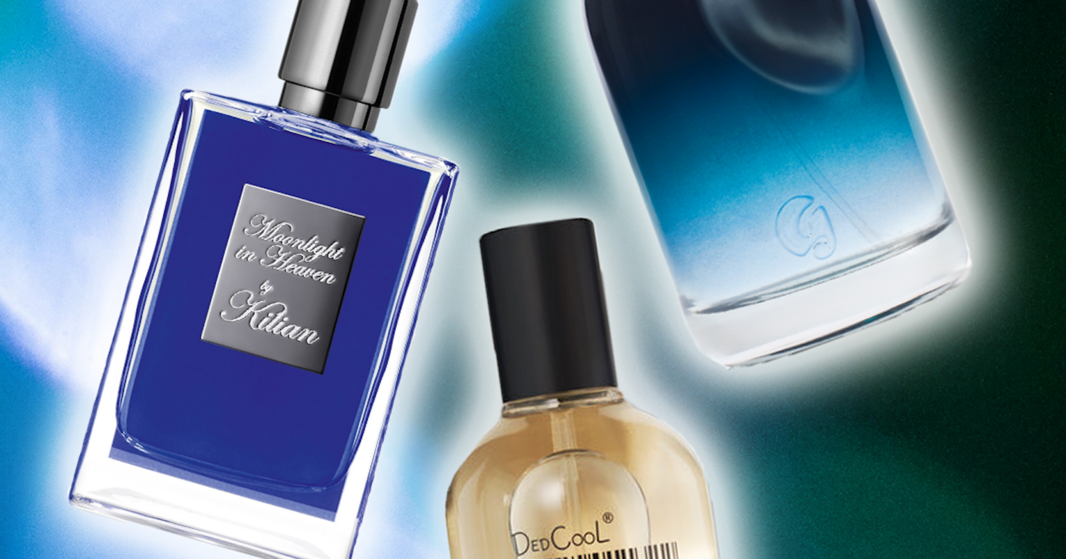 Several perfume bottles arranged on a surface, representing gourmand fragrance options
