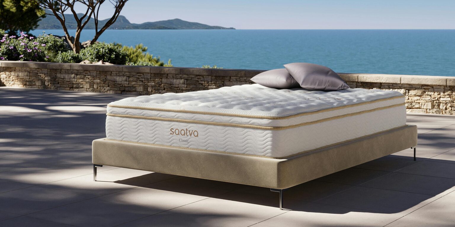 Modern bedroom with white mattress and neutral bedding