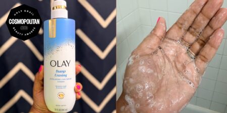 I Tried Olay’s New Smoothing Body Wash—and My Arms Have Never Felt Softer Body wash bottle on bathroom shelf with clean white tiles