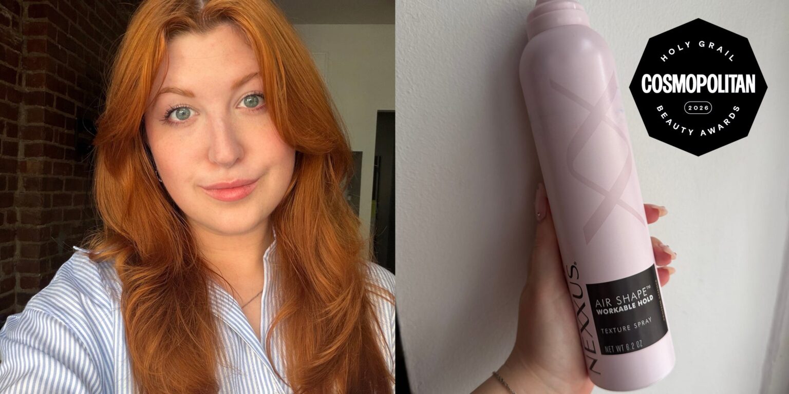 Woman applying texture spray to fine hair for volume