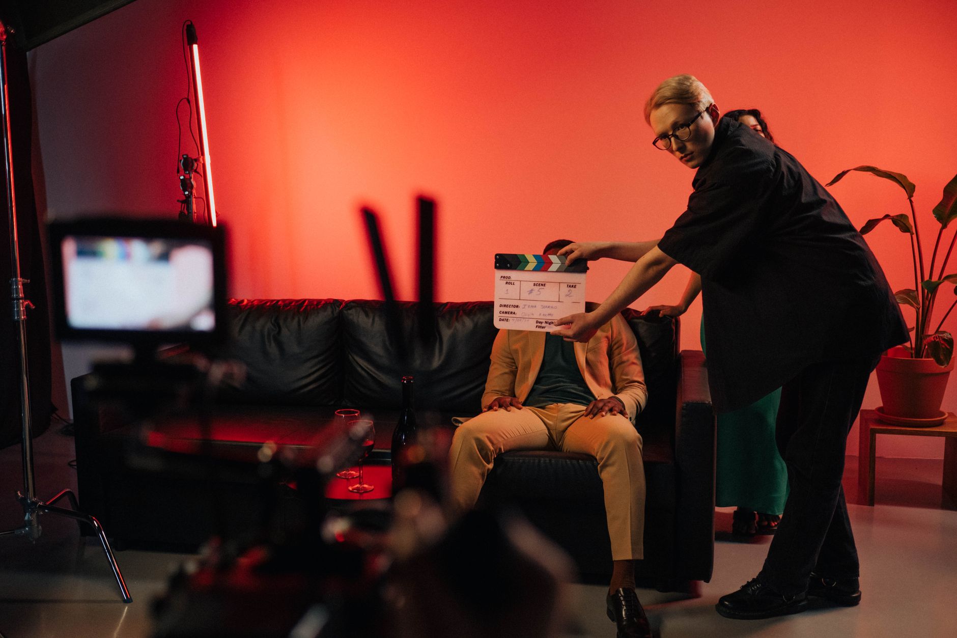 Television drama production set with moody cinematic lighting