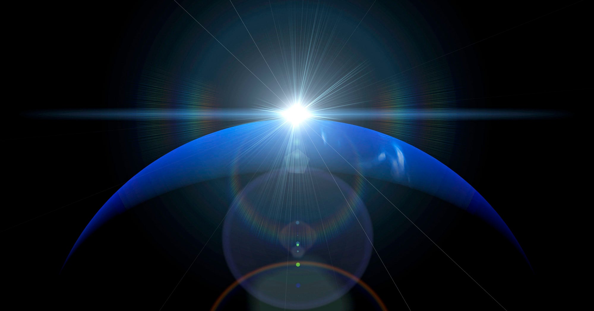 Deep blue night sky with glowing planet visible above the horizon