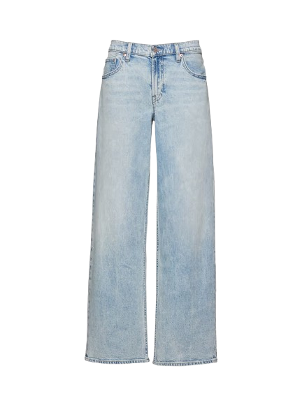 Minimalist retail rack with folded and hanging denim garments